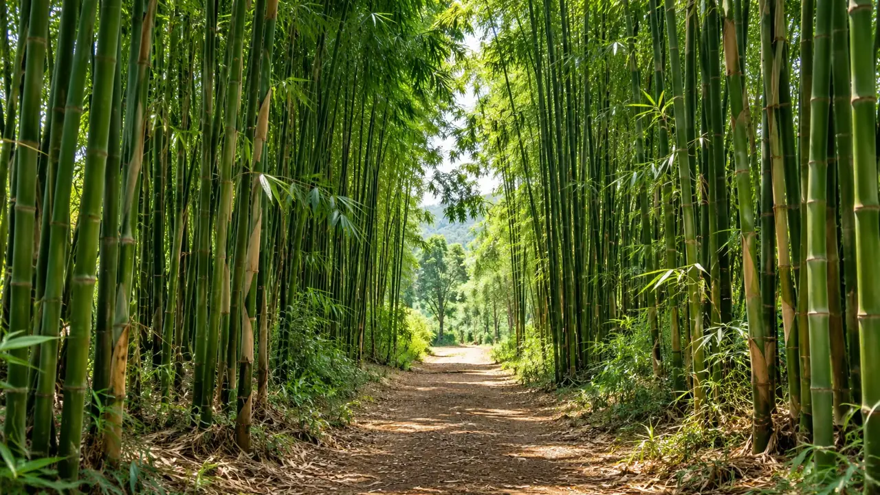 Sunlight on a path through tall green bamboo