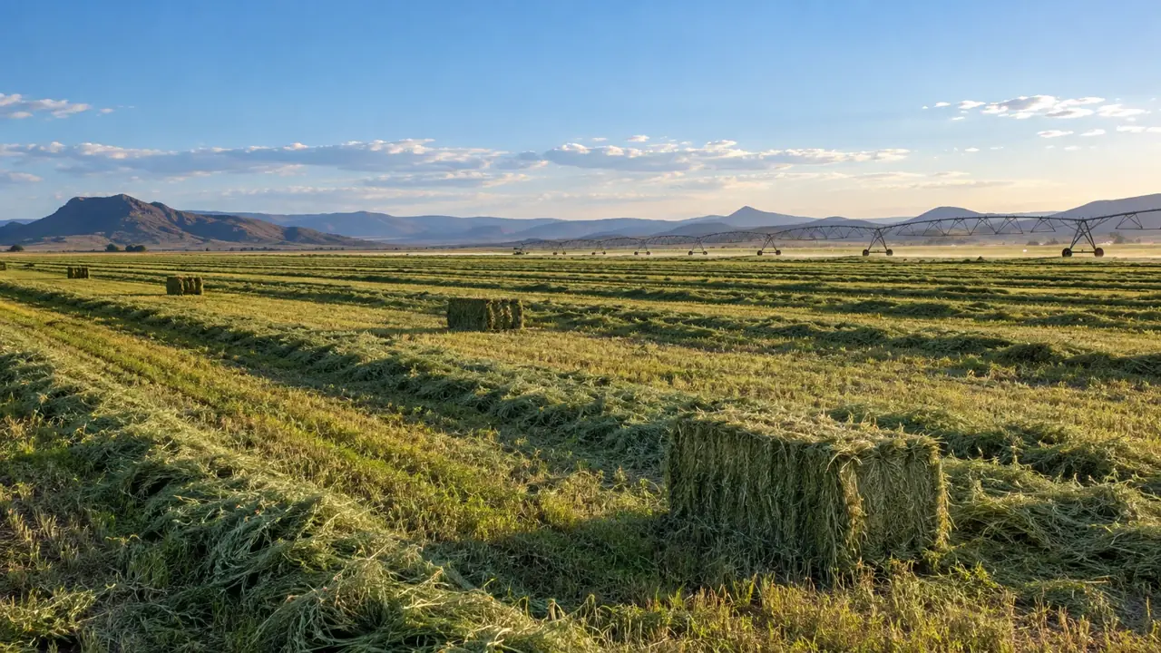 Harvested forage across broad agricultural land with mountains beyond