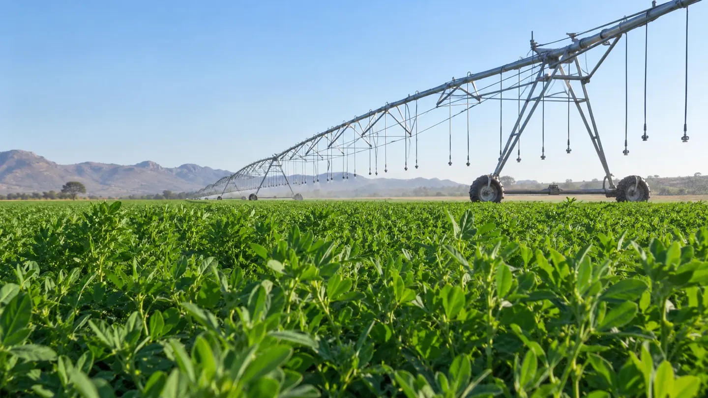 Irrigation equipment crossing a green agricultural field