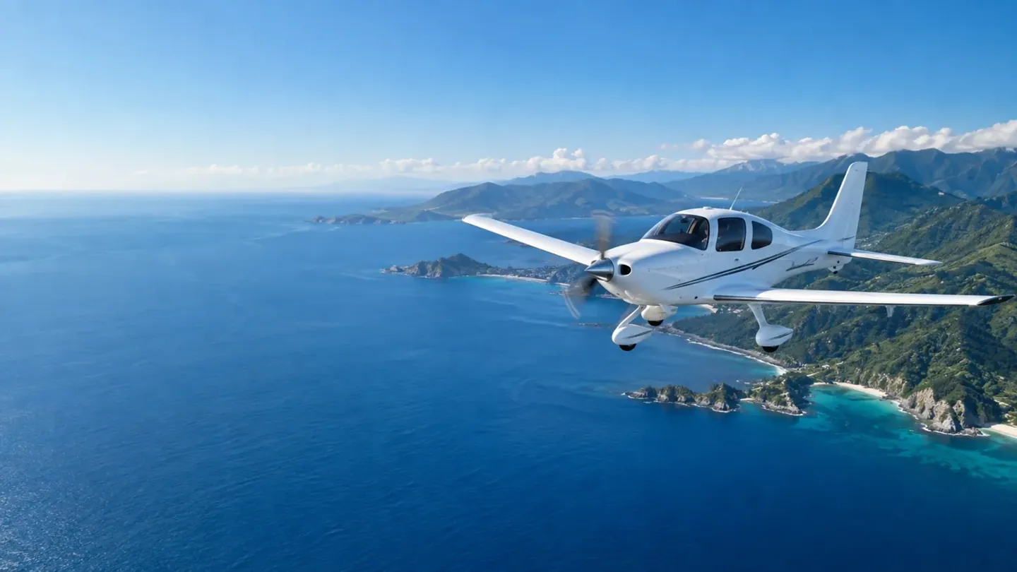 Light aircraft flying above a coastline and blue sea