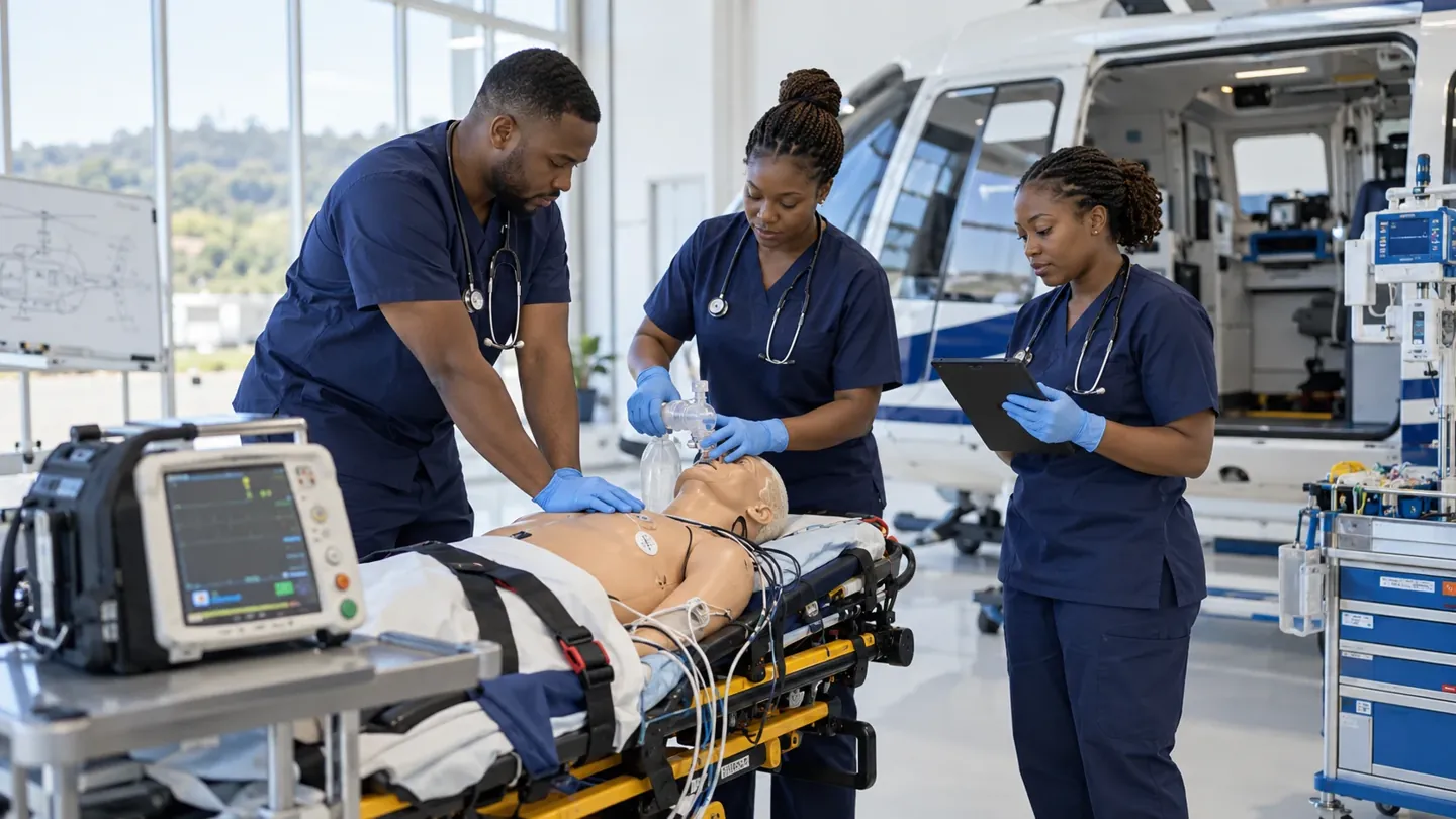 Medical staff practicing emergency care with a patient simulator beside an ambulance
