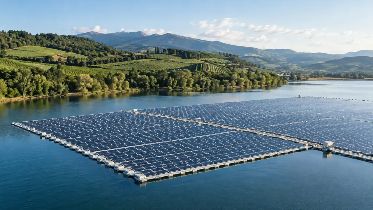Floating solar panels on a reservoir bordered by green hills